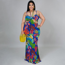 Plus Size Floral Print Backless Sling Maxi Dress NNWF-7280