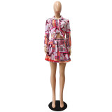 Sexy Printed Shirt Top+Pleated Mini Skirt 2 Piece Sets CM-2149