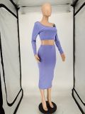Solid Backless Long Sleeve Crop Top Split Skirt 2 Piece Sets NLAF-6088