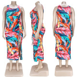 Plus Size Fashion Printed Shirring Slit Dress ASL-7033