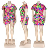 Plus Size V-neck Print Cold Shoulder Shirring Dress ASL-7035