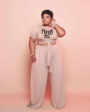 Plus Size Pink Letter Print Two Piece Pants Set WAF-77237