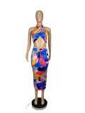 Sexy Printed Halter Crop Top Long Skirt 2 Piece Sets CHY-1317