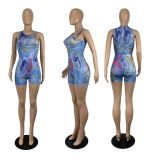 Sexy Printed Sleeveless Bodysuit+Shorts Two Piece Sets CHY-1335