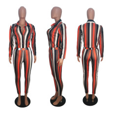 Striped Printed Casual Long Sleeve Shirts Pants 2 Piece Sets SHE-7915