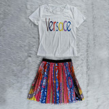 Casual Printed T Shirt Pleated Mini Skirt 2 Piece Sets YNB-7212