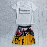 Casual Printed T Shirt Pleated Mini Skirt 2 Piece Sets YNB-7212
