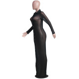 Sexy Mesh See Through Long Sleeve Buttons Maxi Dress YS-8822