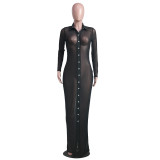 Sexy Mesh See Through Long Sleeve Buttons Maxi Dress YS-8822