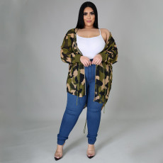 Plus Size Camo Print Drawstring Long Sleeve Mini Dress NNWF-7254