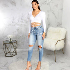 Denim Ripped Hole Skinny Jeans HSF-2544