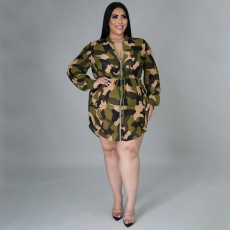 Plus Size Camo Print Drawstring Long Sleeve Mini Dress NNWF-7254