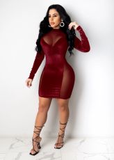 Sexy Velvet Mesh Patchwork Long Sleeve Mini Dress MZ-2606