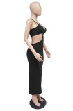 Sexy Solid Hollow Out Spaghetti Strap Long Dress MZ-2625