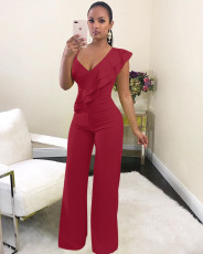 Sexy Solid V Neck Ruffled High Waist Jumpsuit MZ-2288