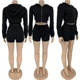 Solid Sports Hooded Zipper Long Sleeve 2 Piece Shorts Set FNN-8628