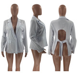 White Full Sleeve Backless Blazer Coat YN-88817