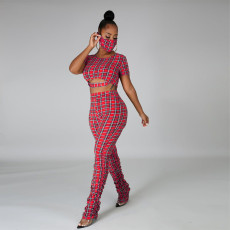 Plaid Short Sleeve Crop Top And Pants Set (Withtout Mask) HNIF-HN021