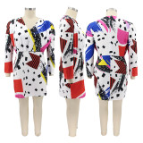 Plus Size Printed V Neck Long Sleeve Mini Dress HNIF-DHN003