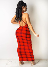 Sexy Plaid Backless Cross Strap Maxi Dress HNIF-HN019