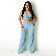 Sexy Solid Wrap Chest Two Piece Pants Set HNIF-HN033