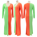 Plus Size Patchwork V Neck Long Sleeve Maxi Dress HNIF-HN042