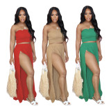 Plus Size Solid Tube Top Split Wide Leg Pants 2 Piece Sets HNIF-HN002