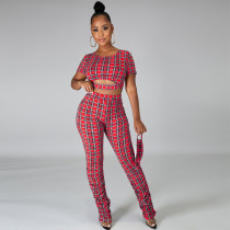 Plaid Short Sleeve Crop Top And Pants Set (Withtout Mask) HNIF-HN021