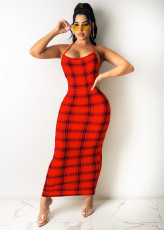 Sexy Plaid Backless Cross Strap Maxi Dress HNIF-HN019