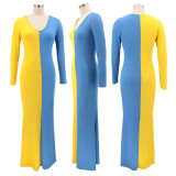 Plus Size Patchwork V Neck Long Sleeve Maxi Dress HNIF-HN042