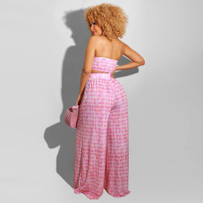 Sexy Printed Wrap Chest Top Wide Leg Pants 2 Piece Suits HNIF-HN005