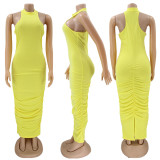 Sexy Solid Sleeveless Ruched Split Slim Maxi Dress HNIF-HN020