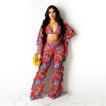 Plus Size Floral Print Ruffled Crop Top And Pants 2 Piece Sets HNIF-HN035