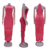 Sexy Solid Sleeveless Ruched Split Slim Maxi Dress HNIF-HN020