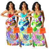 Floral Printed Sleeveless Backless Split Maxi Dress HNIF-HN025