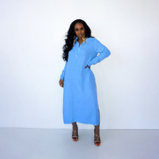 Plus Size Solid Long Sleeve Split Maxi Dress HNIF-052