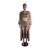 Solid Full Sleeve Long Cloak+Tank Top+Shorts 3 Piece Sets YM-9303
