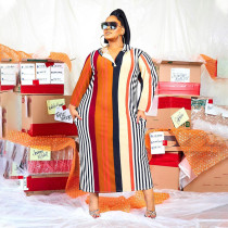 Plus Size Striped Hooded Long Sleeve Maxi Dress QSF-51037