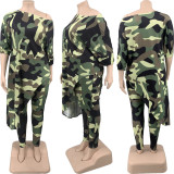 Plus Size Camo Print 3/4 Sleeve Irregular Top And Pants 2 Piece Suits QSF-51035
