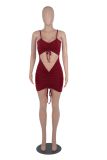Sexy Solid Drawstring Ruched Hollow Sling Mini Dress MZ-2654