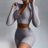 Solid Sports Long Sleeve Two Piece Shorts Set MZ-2658