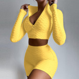 Solid Sports Long Sleeve Two Piece Shorts Set MZ-2658