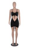 Sexy Solid Drawstring Ruched Hollow Sling Mini Dress MZ-2654