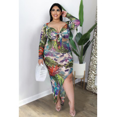 Plus Size Sexy Printed Full Sleeve Irregular Long Dress ASL-7051