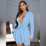 Solid Sashes Blazer Coat +Shorts Two Piece Suits ASL-6505