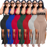 Plus Size Queen Letter Sleeveless Split Top And Shorts 2 Piece Sets WAF-77247