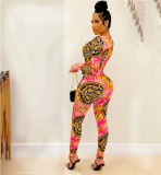 Sexy Printed Deep V Long Sleeve Sashes Jumpsuit OM-1263