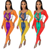 Sexy Ribbed Lace-Up Patchwork Long Sleeve 2 Piece Pants Set NIK-262