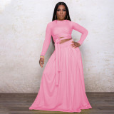 Solid Long Sleeve Maxi Skirt Two Piece Sets PHF-13251