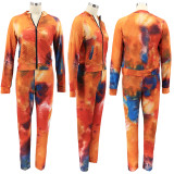 Plus Size Tie Dye Print Zipper Long Sleeve 2 Piece Suits (Without Mask)HNIF-050